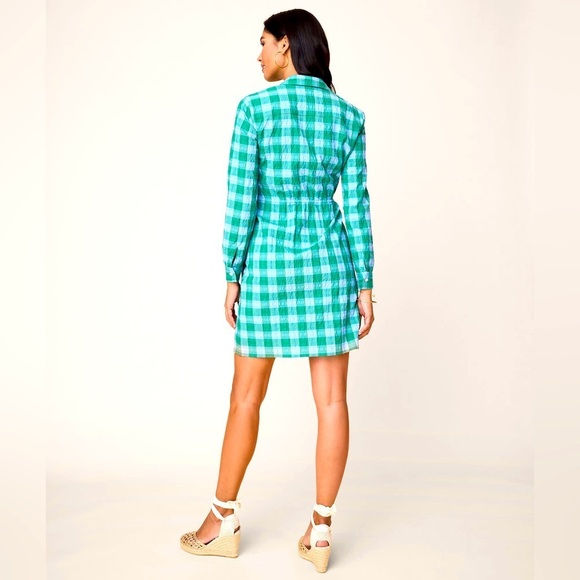 Untuck It for Her Seersucker Mila Button Down Shirt Dress Blue Green Gingham Med - Picture 2 of 12